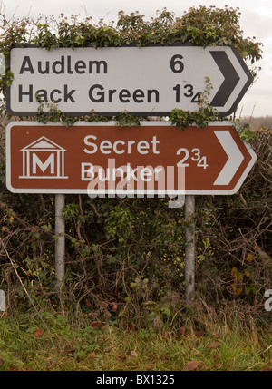 Uk direction road signs to small villages and a Secret Bunker near Nantwich, Cheshire