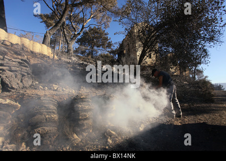 A house burned by a massive forest fire sits in a slope in Kibbutz Beit Oren located in the heart of Carmel mountain range in northern Israel Stock Photo