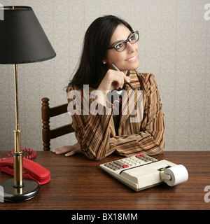 accountant secretary retro woman vintage office wooden table wallpaper Stock Photo