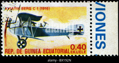 EQUATORIAL GUINEA - CIRCA 1974: A stamp printed in Equatorial Guinea shows Aviatik Berg-1 (1916), circa 1974 Stock Photo