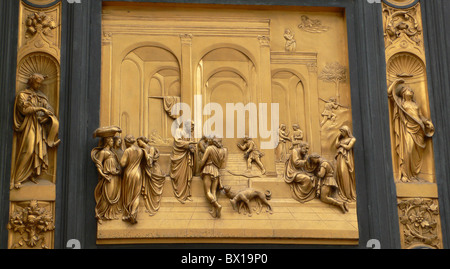 Panel depicting events from the life of Isaac, the 'Gates of Paradise', by Lorenzo Ghiberti, Baptistry, Florence, Tuscany, Italy Stock Photo