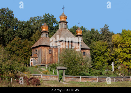 Traditional wooden church at Pyrohovo (State Museum of Folk Architecture and Life of Ukraine) in Kiev, Ukraine Stock Photo
