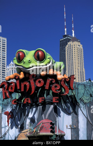 Chicago Illinois River North Rainforest Cafe USA America United States sculpture frog detail plastic adve Stock Photo