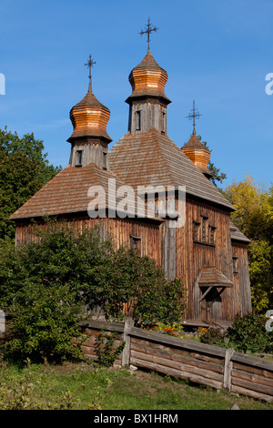 Traditional wooden church at Pyrohovo (State Museum of Folk Architecture and Life of Ukraine) in Kiev, Ukraine Stock Photo