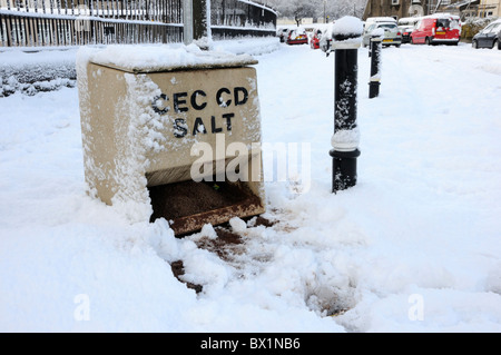 Grit box by the side of a road covered in snow, Edinburgh Stock Photo