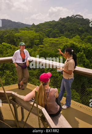 SOBERANIA NATIONAL PARK, PANAMA - Tourists and guide on canopy tower, Rainforest Discovery Center at Pipeline Road. Stock Photo