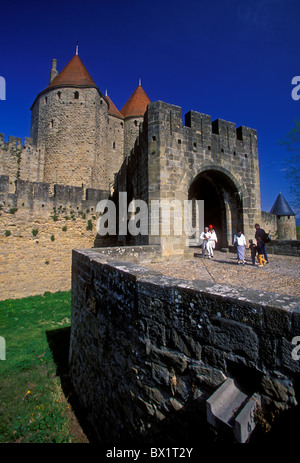 Narbonne Gate, Porte Narbonnaise, military fortress, Cathar Wars, Albigensian Crusades, La Cite, town of Carcassonne, Languedoc-Roussillon, France Stock Photo