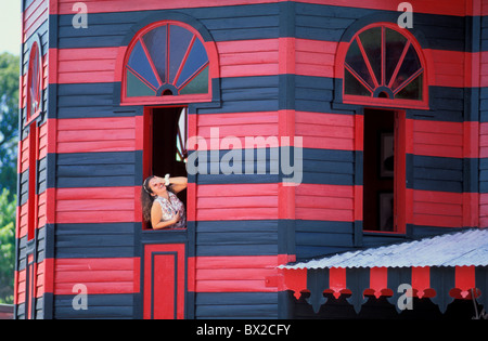 Parque de Bombas fire guard building construction woman Puerto Rico Caribbean Stock Photo