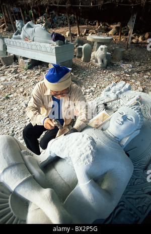 Asia Thailand Khorat Sculptor Stonemason Carving Buddha Statue Religion Artisan Holiday Travel Stock Photo