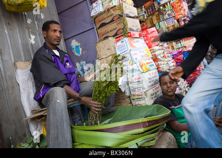 Khat dealer in Mercato, Addis Ababa - Ethiopia Stock Photo