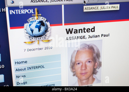 Website for Interpol shows Julian Assange's status as Wanted. Founder of the whistle-blowing website Wikileaks, Julian Assange. Stock Photo
