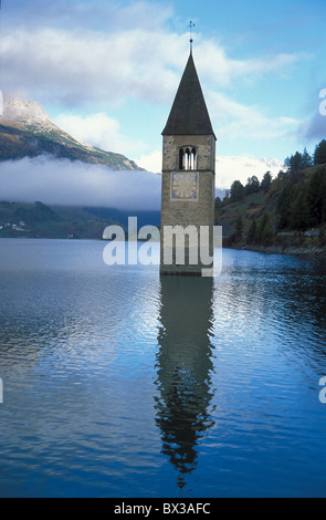 Church tower church towervillage flooded hydroelectric Lake Reschen reservoir Lago di Resia South Tirol Tyrol Stock Photo