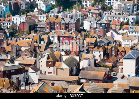 Aerial view of Hastings, East Sussex, UK. Town centre beach and pier ...