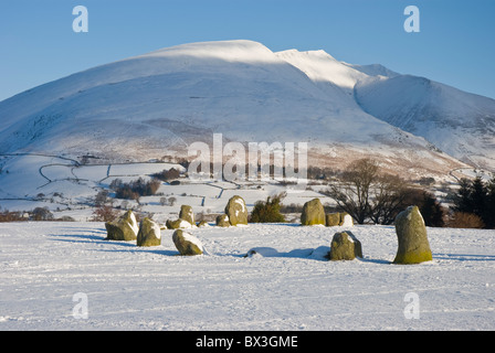 Castlerigg Stone Circle in the snow, with Blencathra, also known as Saddleback, Keswick, Cumbria Stock Photo