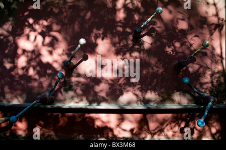 Multiple metallic control levers with round nobs on Finnish chemical transport railroad wagon Stock Photo