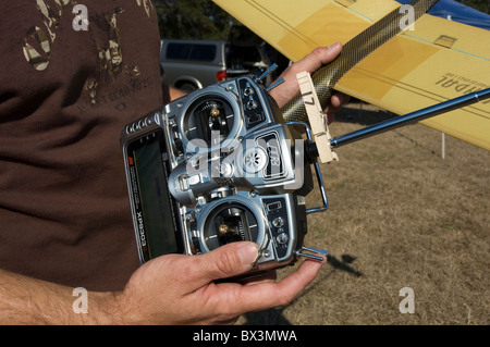 closeup of radio controlled glider and control box, during hand launch glider competition, Alachua, Florida. Stock Photo