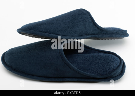 Pair of mens size 11  low back slip on navy blue slippers Stock Photo