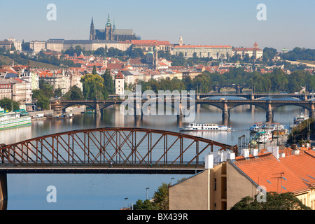 Czechia Prague Czeck Republic Europe Hradcany Prague castle Moldavia river bridges Stock Photo