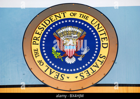 Presidential Seal on Air Force One by Presidents Kennedy and Johnson. It is at Pima Air and Space Museum, Tucson, Arizona Stock Photo