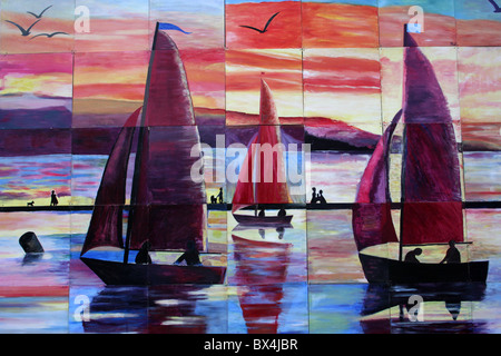 Painting Showing Sailing Boats On West Kirby Marine Lake, Wirral, UK Stock Photo