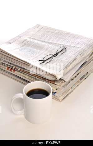 Cup of coffee and paper isolated on a white background Stock Photo