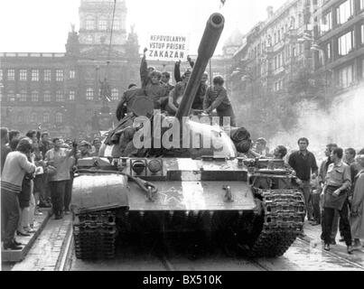 Soviet tank, Wenceslas Square, Prague, protest, banner Stock Photo