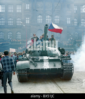 Soviet tank, Wenceslas Square, Prague, protest, flag Stock Photo