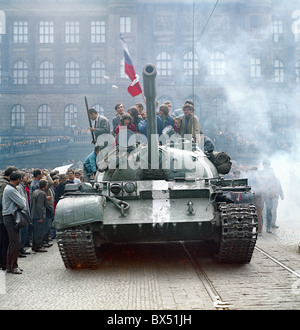 Soviet tank, Wenceslas Square, Prague, protest, flag Stock Photo
