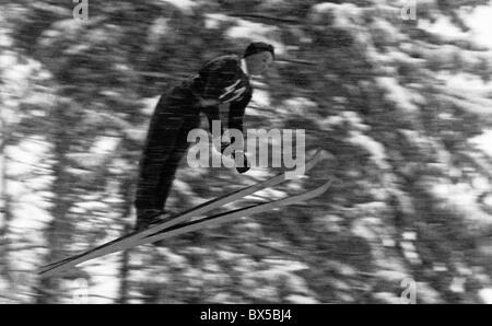 Czechoslovakia, Spindleruv Mlyn 1947. Ski jumper balancing in the air  during his jump. CTK Vintage Photo Stock Photo