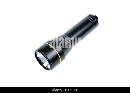 Black with yellow plastic torch isolated on white background. Stock Photo