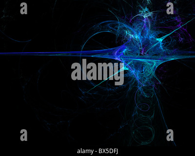 Digitally rendered abstract blue exploding fractal on black. Stock Photo