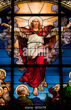 Beautiful stained glass window at the German Church (St. Gertrude's church) in Stockholm, depicting the resurrected Jesus. Stock Photo