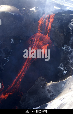Lava flowing down mountain from Eyjafjallajokull volcano, Iceland, Polar Regions Stock Photo