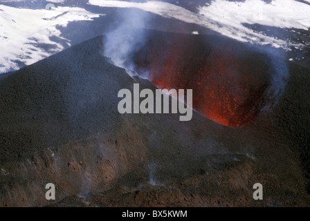 Looking into the cinder cone of erupting Eyjafjallajokull volcano, Iceland, Polar Regions Stock Photo