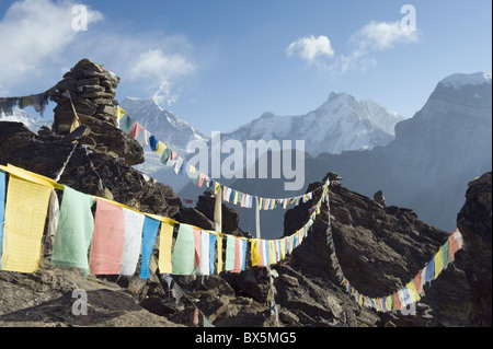 Prayer flags, view from Gokyo Ri, 5483m, Gokyo, Solu Khumbu Everest Region, Sagarmatha National Park, Himalayas, Nepal, Asia Stock Photo