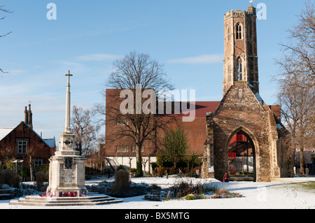 Greyfriars Tower, King's Lynn, Norfolk in the snow.  The tower featured in the BBC Programme 'Restoration'. Stock Photo