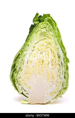 Pointed Sweetheart Cabbage cross section from low perspective isolated on white. Stock Photo