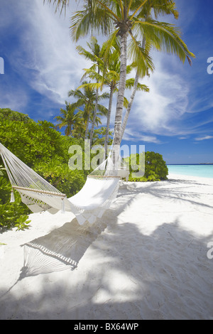 Hammock on empty tropical beach, Maldives, Indian Ocean, Asia Stock Photo