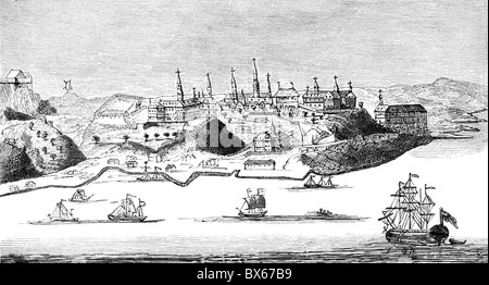 A view of the City of Quebec in New France, America; circa 1740; Black and White Illustration; Stock Photo