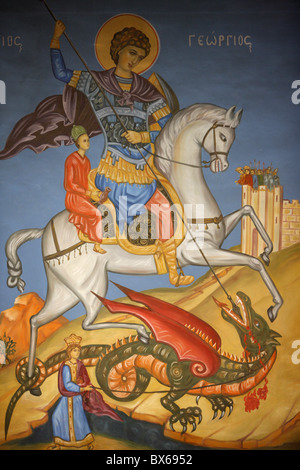 Greek Orthodox icon depicting St. George slaying a dragon in St. George's Orthodox church, Madaba, Jordan, Middle East Stock Photo