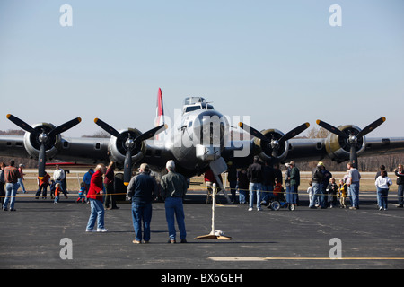 Veterans and airplane enthusiasts view and tour a restored B-17 Flying Fortress at the Monroe County Airport in Bloomington, IN.