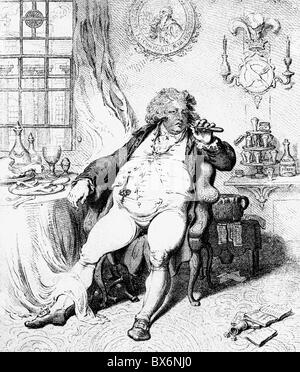 George IV, 12.8.1762 - 26.6.1830, King of Great Britain 29.1.1820 - 26.6.1830, caricature, 'A voluptuary under the horrors of digestion', copper engraving by James Gillray, 2.7.1792, , Artist's Copyright has not to be cleared