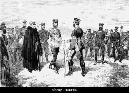 events, Second Schleswig War 1864, Battle of Dybbol, 18.4.1864, Prince Frederick Charles and Crown Prince Frederick William meet on the captured redoubts, wood engraving after drawing by Hermann Lueders, 19th century, meeting, Wars of German Unification, officer, officers, general, generals, military, Prussian, historic, historical, Germany, Denmark, German, Danish, field marshal Friedrich von Wrangel, people, Additional-Rights-Clearences-Not Available Stock Photo