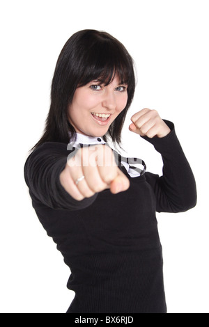 A handsome young woman boxing. All on white background. Stock Photo