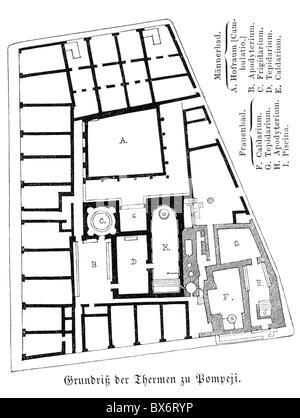 architecture, floor plans, thermae in Pompeii, 1st century, reconstruction, wood engraving, 19th century, plan, bathing, bath, ancient world, antiquity, Roman Empire, Italy, Europe, historic, historical, ancient world, Additional-Rights-Clearences-Not Available Stock Photo