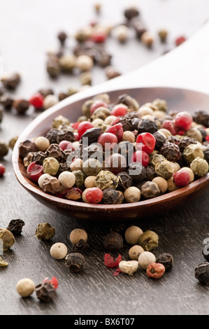 Pepper corn mix as closeup on teak spoon Stock Photo