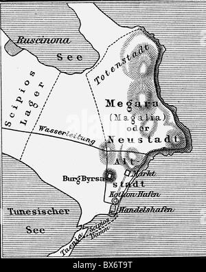 events, Third Punic War 149 - 146 BC, map of Carthage at the time of the Roman siege, illustration after Kiepert, 19th century, historic, historical, Ancient World, Roman Empire, North Africa, Publius Cornelius Scipio Africanus, maps, ancient world, Additional-Rights-Clearences-Not Available Stock Photo