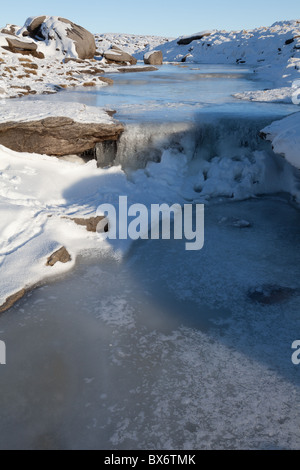 3 Walkers on the Kinder River in winter on Kinder Scout in the Dark ...