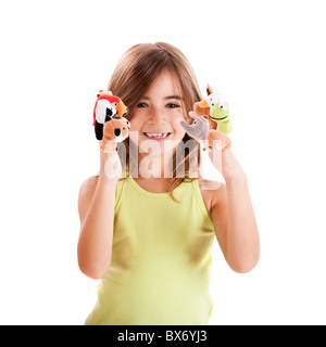 Cute and happy girl playing with finger puppets Stock Photo