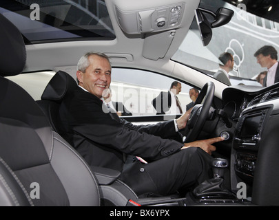 Skoda Auto CEO,Reinhard Jung presents  brand new limousine Skoda Superb Combi at Volkswagen Group evening before it's world Stock Photo